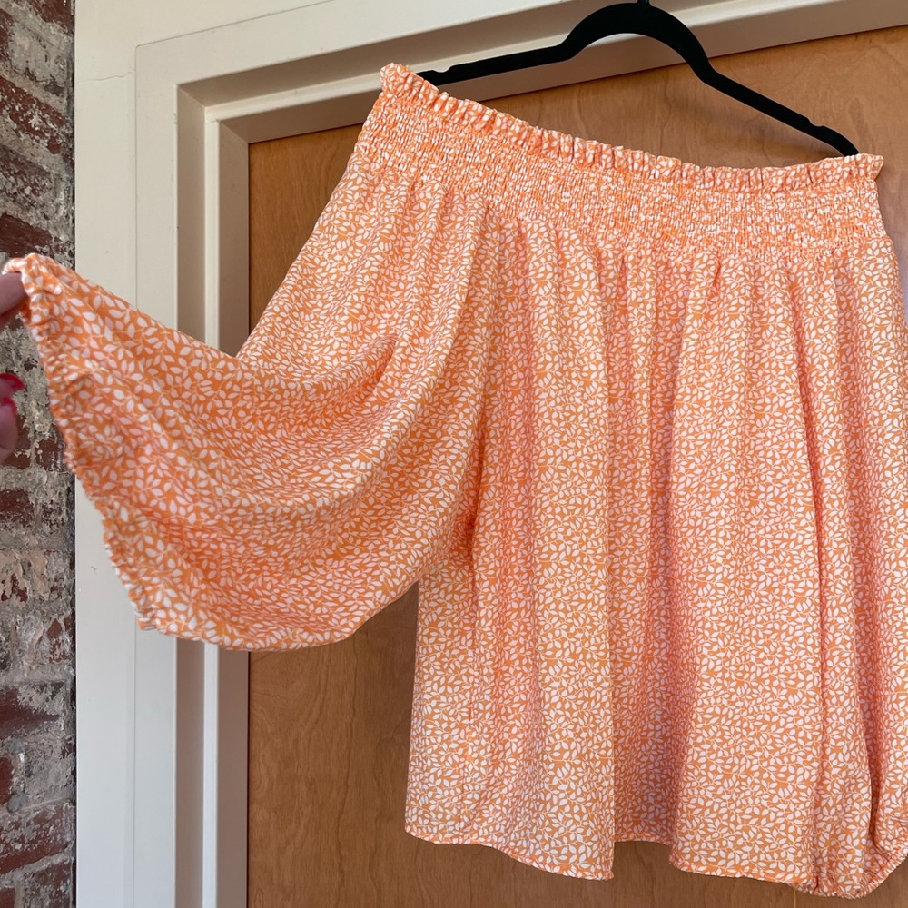 Off the shoulder, orange floral blouse